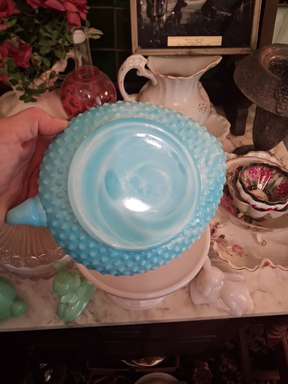 Fenton Blue and White Hobnail Glass Bowl with Handle